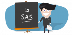 Dessin montrant un personnage à côté d'un tableau noir sur lequel est écrit "La SAS" — article par ABC LIV sur la domiciliation de SAS