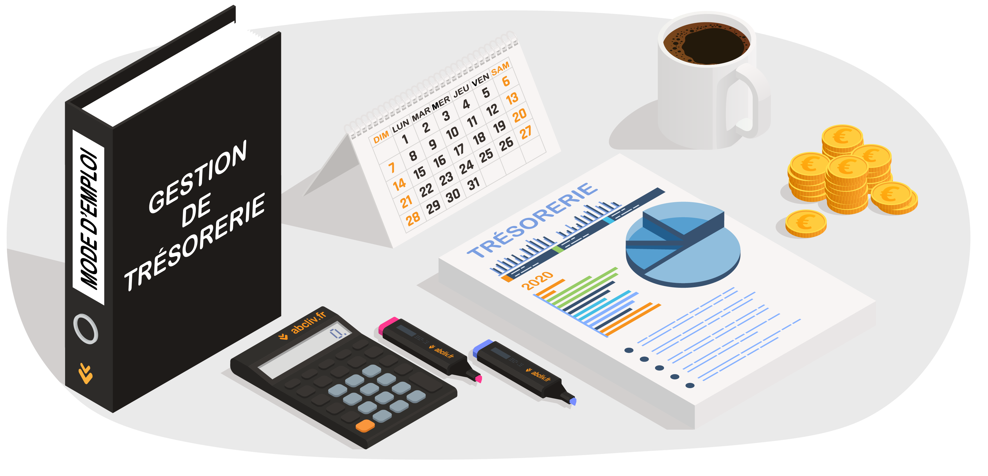 Dessin d'accessoires de bureau et livrets de comptes pour illustrer un article de la société de domiciliation ABC LIV sur le rapport de gestion.