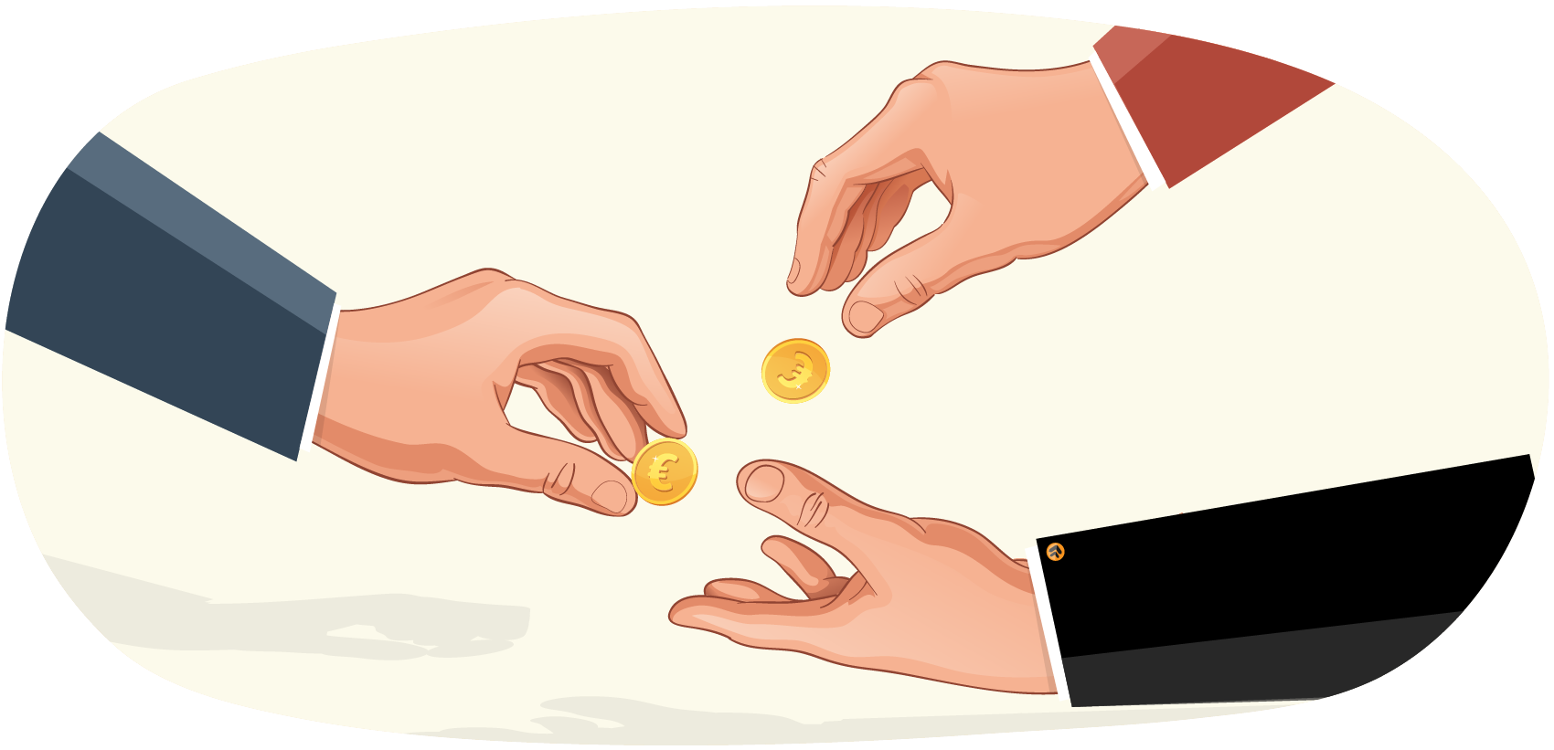 Dessin de trois mains mettant en commun leur argent – article par ABC LIV sur la société en participation